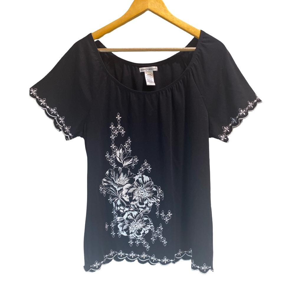 Rebecca Malone Black Floral Embroidered‎ Blouse Short Sleeve Medium Boho Chic